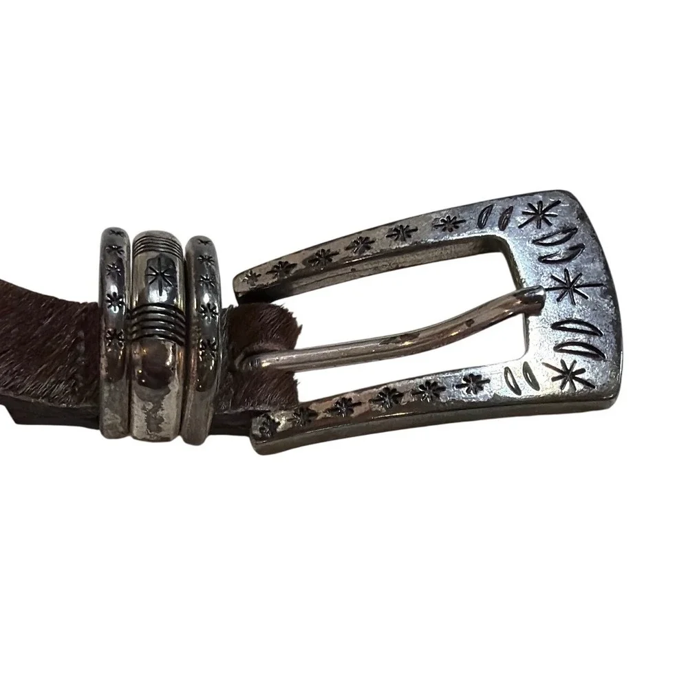 Streets Ahead Brown‎ Pony Hair Western Belt Silver Engraved Buckle Made Italy M